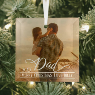 Dad Elegant Christmas Photo Personalized Glass Ornament