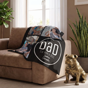 Dad Est. 3 Photo Modern Bold Simple Kids Names Fleece Blanket
