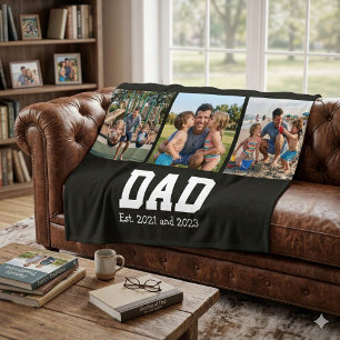 Dad Est. Bold Black Font 3 Photo Fathers Day Gift Fleece Blanket