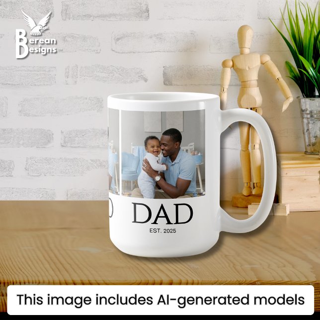 Dad Est Established Classic Caps White Photo Coffee Mug (Stylish DAD ESTABLISHED photo mug. Ideal Father's Day or birthday gift for dads.)