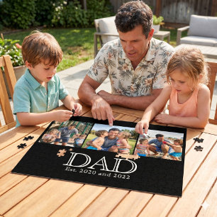 Dad Est. White Bold Minimal Text 3 Photos Jigsaw Puzzle