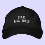 "Dad Est. YEAR" Modern Minimalist Cool Simple Embroidered Hat<br><div class="desc">This cool hat is for your cool father. "Dad Est. 20XX" reads the embroidered text, in bold, modern typography. Customize with year of first child's birth to mark the special date he became a father. A simple and timeless look. A great gift for your unique dad on Father's Day, his...</div>