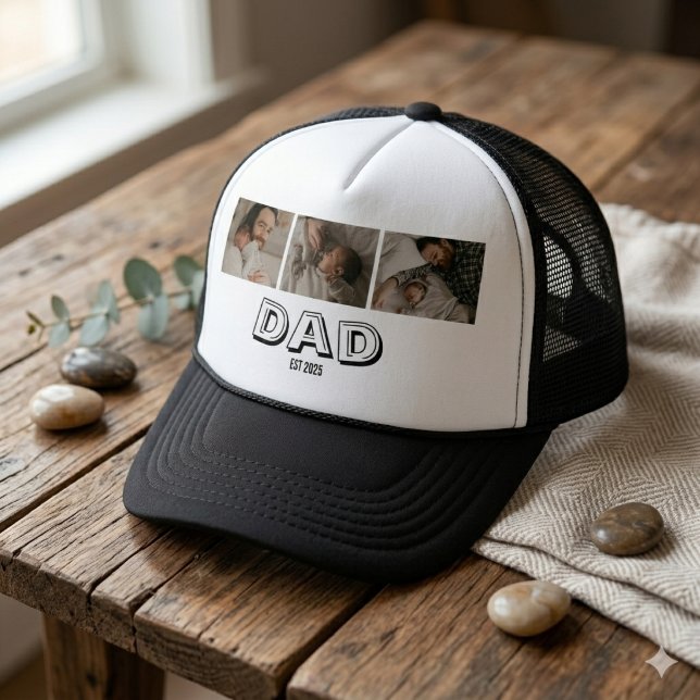 Dad Established 3 Photo Gift Father Keepsake Trucker Hat (Creator Uploaded)
