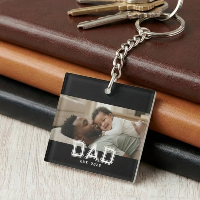 Dad Established Black Bold Photo Keychain (Creator Uploaded)