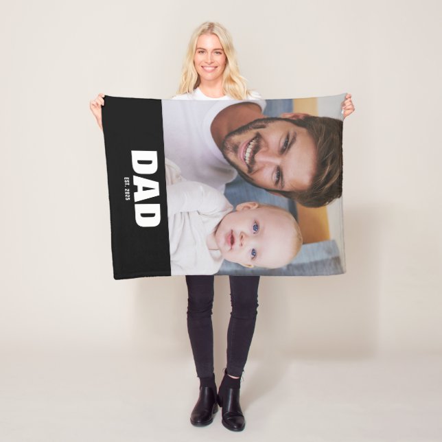 Dad Established Black Modern Bold Photo Fleece Blanket (In Situ)