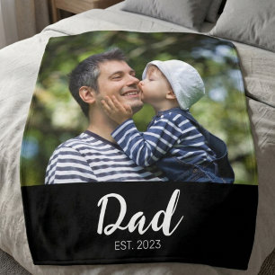 Dad Established Black Modern Script Photo  Fleece Blanket