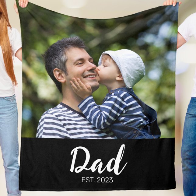 Dad Established Black Modern Script Photo  Fleece Blanket (Creator Uploaded)