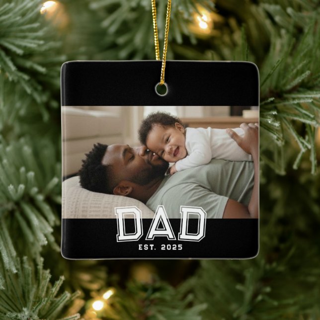 Dad Established Black White Bold Photo Ceramic Ornament (Tree)