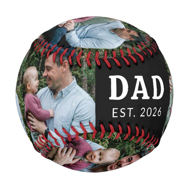 Dad Established Bold Modern Black 3 Photo Baseball (Back)