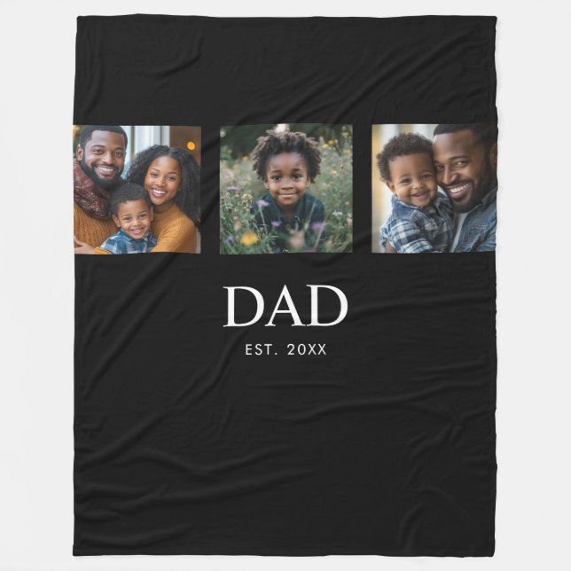 Dad Established Bold Simple Black 3 Photo Fleece Blanket (Front)