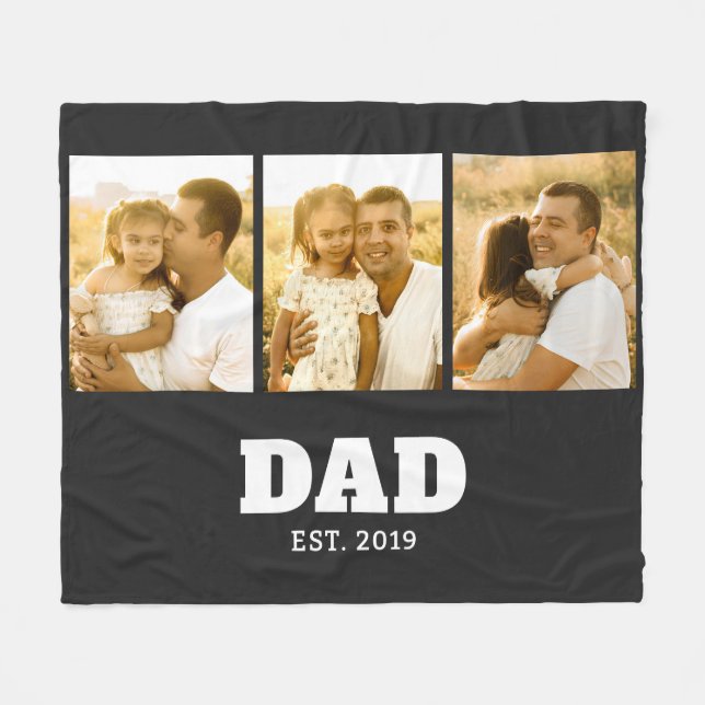 Dad Established Bold Text Black 3 Photo Fleece Blanket (Front (Horizontal))