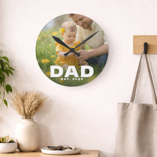 Dad Established Bold White Modern Photo Round Clock