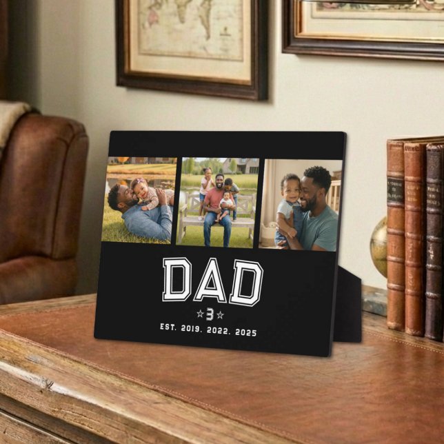 Dad Established Classic Bold White Black 3 Photo Plaque (Creator Uploaded)