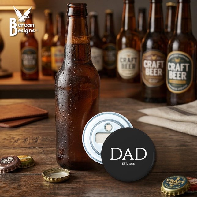 Dad Established Classic Caps Black Bottle Opener (DAD ESTABLISHED round bottle opener with customizable year. Ideal gift for Father's Day. )