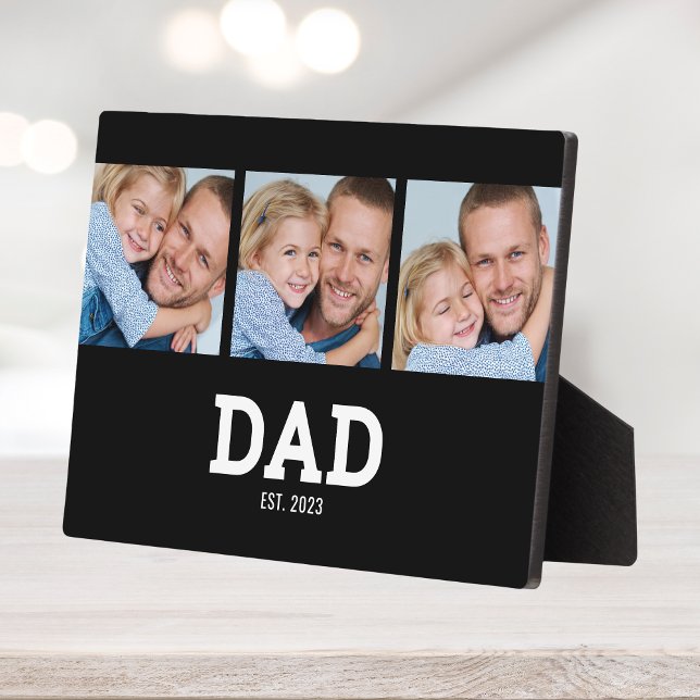 Dad Established Elegant Black 3 Photo Plaque (Creator Uploaded)