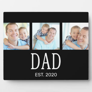 Dad Established Elegant Script 3 Photo Black Plaque