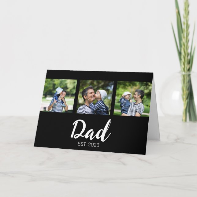 Dad Established Elegant Script Black 3 Photo Card (Front)