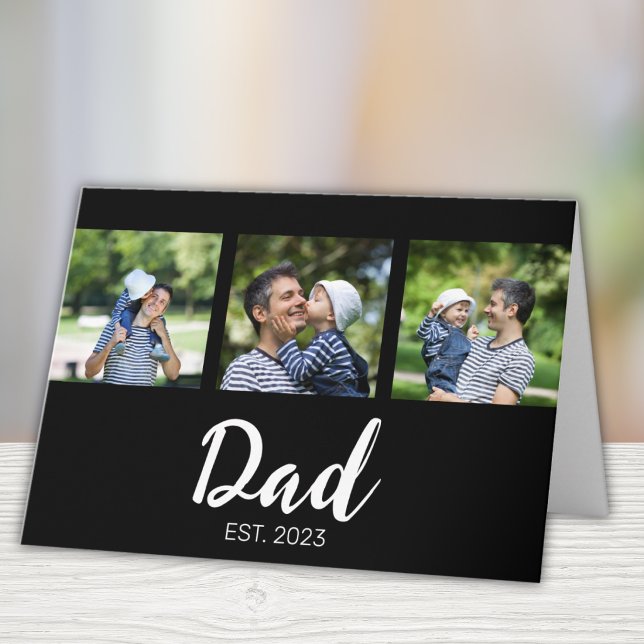 Dad Established Elegant Script Black 3 Photo Card (Creator Uploaded)