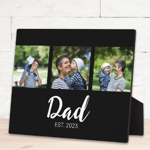 Dad Established Elegant Script Black 3 Photo Plaque