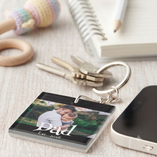 Dad Established Fun Bold Simple Text + Photo Black Keychain