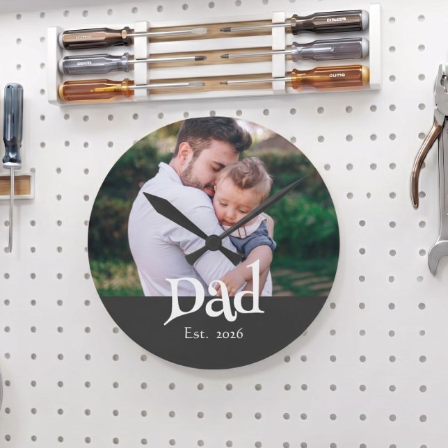 Dad Established Fun Bold Simple Text + Photo Black Round Clock (Creator Uploaded)