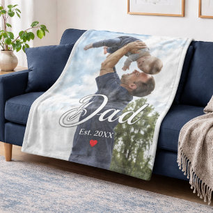 Dad Established Fun Script Photo Heart Gift  Fleece Blanket