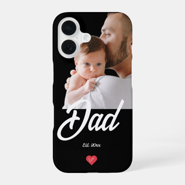 Dad Established Fun Script Photo Heart Gift iPhone 16 Case (Back)