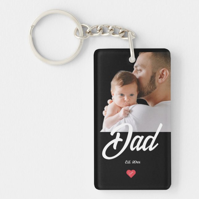 Dad Established Fun Script Photo Heart Gift Keychain (Front)
