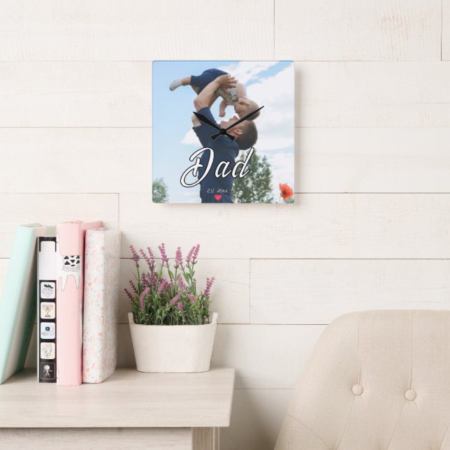 Dad Established Fun Script Photo Heart Gift  Square Wall Clock (Reading Room)