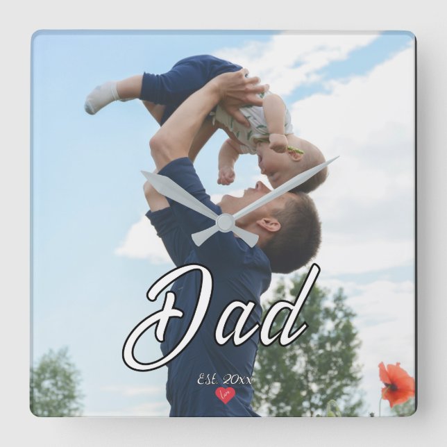 Dad Established Fun Script Photo Heart  Square Wall Clock (Front)