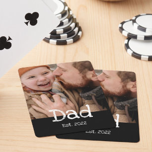 Dad Established Fun White Bold Text + Photo Black Playing Cards