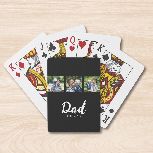 Dad Established Modern Bold Script Black 3 Photo Playing Cards (Creator Uploaded)