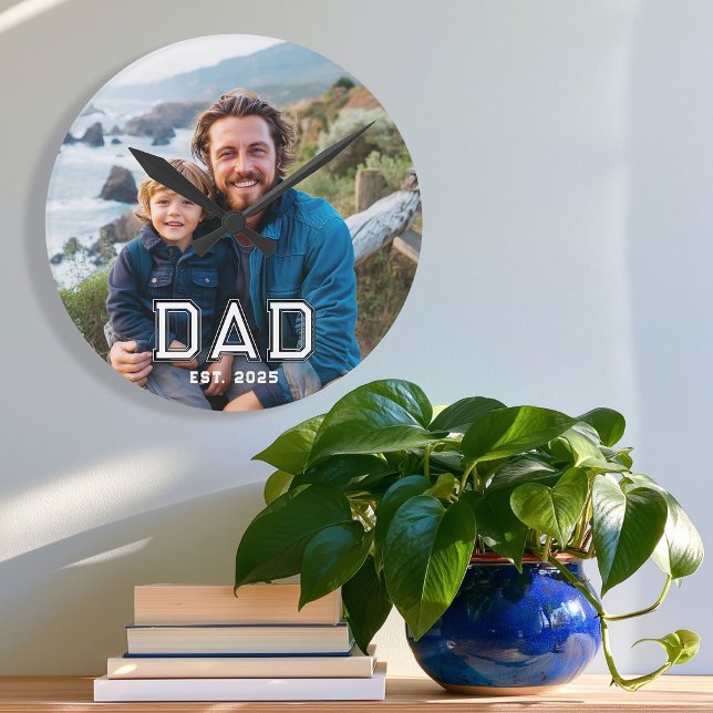 Dad Established Modern Bold Typography Photo Round Clock (Creator Uploaded)