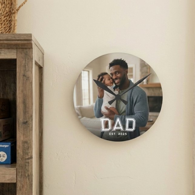 Dad Established Modern Bold White Photo Round Clock (Creator Uploaded)
