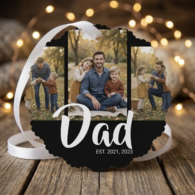 Dad Established Modern Script Black 3 Photo Ornament Card (Dad Established Modern Script Black 3 Photo Ornament Card)