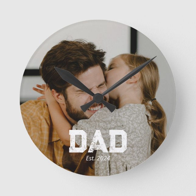 Dad Established Modern White Bold Photo Round Clock (Front)