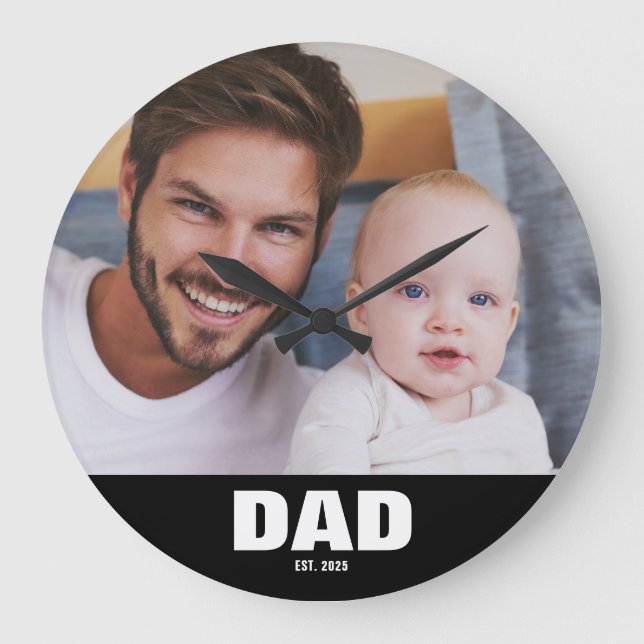 Dad Established Modern White Bold Photo Round Large Clock (Front)
