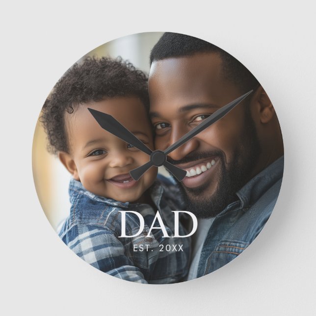 Dad Established Modern White Simple Photo  Round Clock (Front)