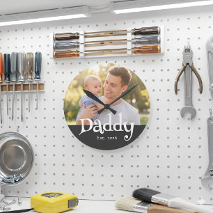 Dad Established Photo Black Fun Bold Simple Round Clock