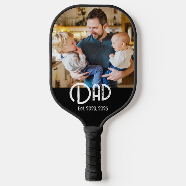 Dad Established Photo Black Grunge Script Pickleball Paddle (Front)