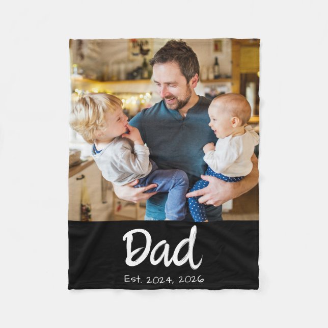 Dad Established Photo Black Script Fleece Blanket (Front)