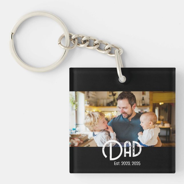 Dad Established Photo Black White Grunge Keychain (Front)