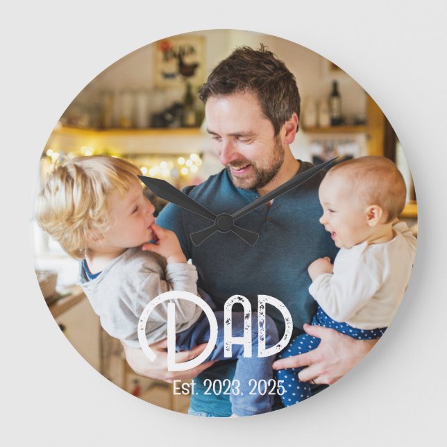 Dad Established Photo Black White Grunge Large Clock (Front)