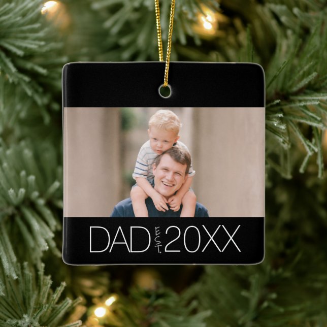 Dad Established Photo Modern Script  Ceramic Ornament (Tree)