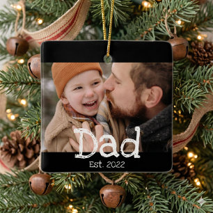 Dad Established Photo White Fun Bold Text Black  Ceramic Ornament