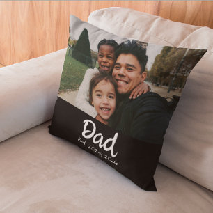 Dad Established Photo White Script Throw Pillow