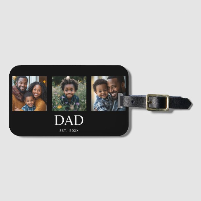 Dad Established Simple Black 3 Photo Luggage Tag (Front Horizontal)