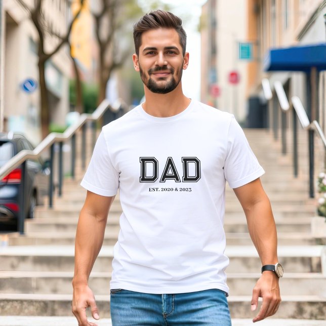Dad Established Simple Modern Typography White T-Shirt (Dad Established years design with popular block college style lettering - fully personalizable)
