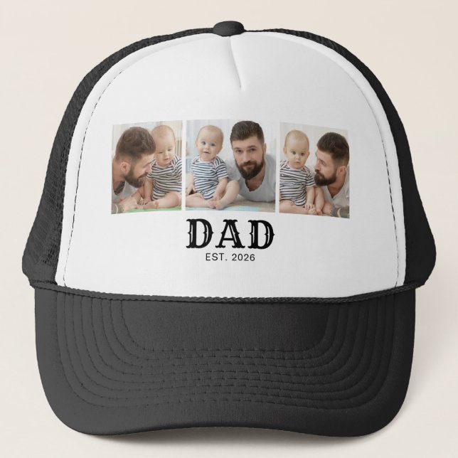 Dad Established Typography Black 3 Photo Trucker Hat (Front)