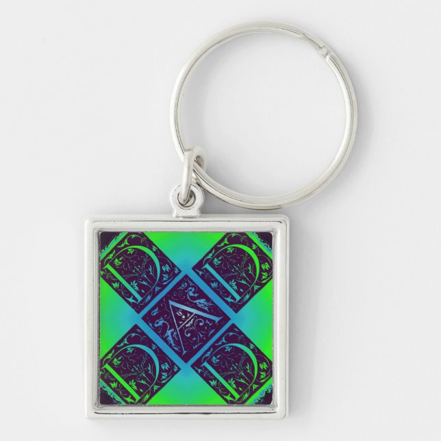 Dad Fancy Text Green Blue Background Keychain (Front)